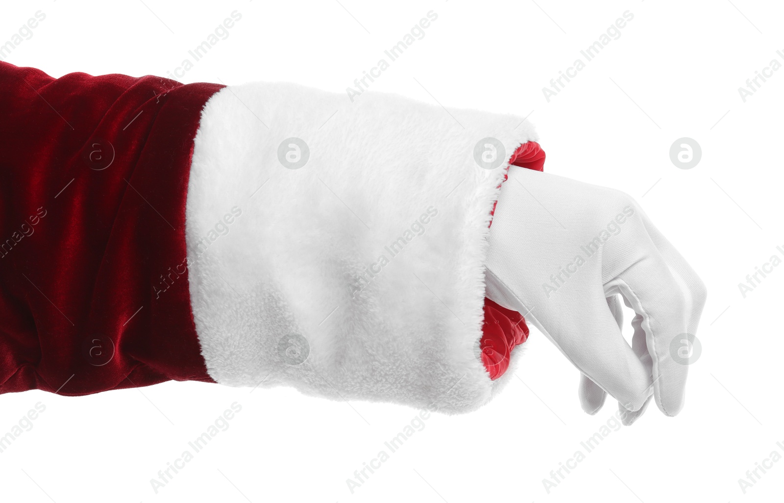 Photo of Santa Claus holding something on white background, closeup