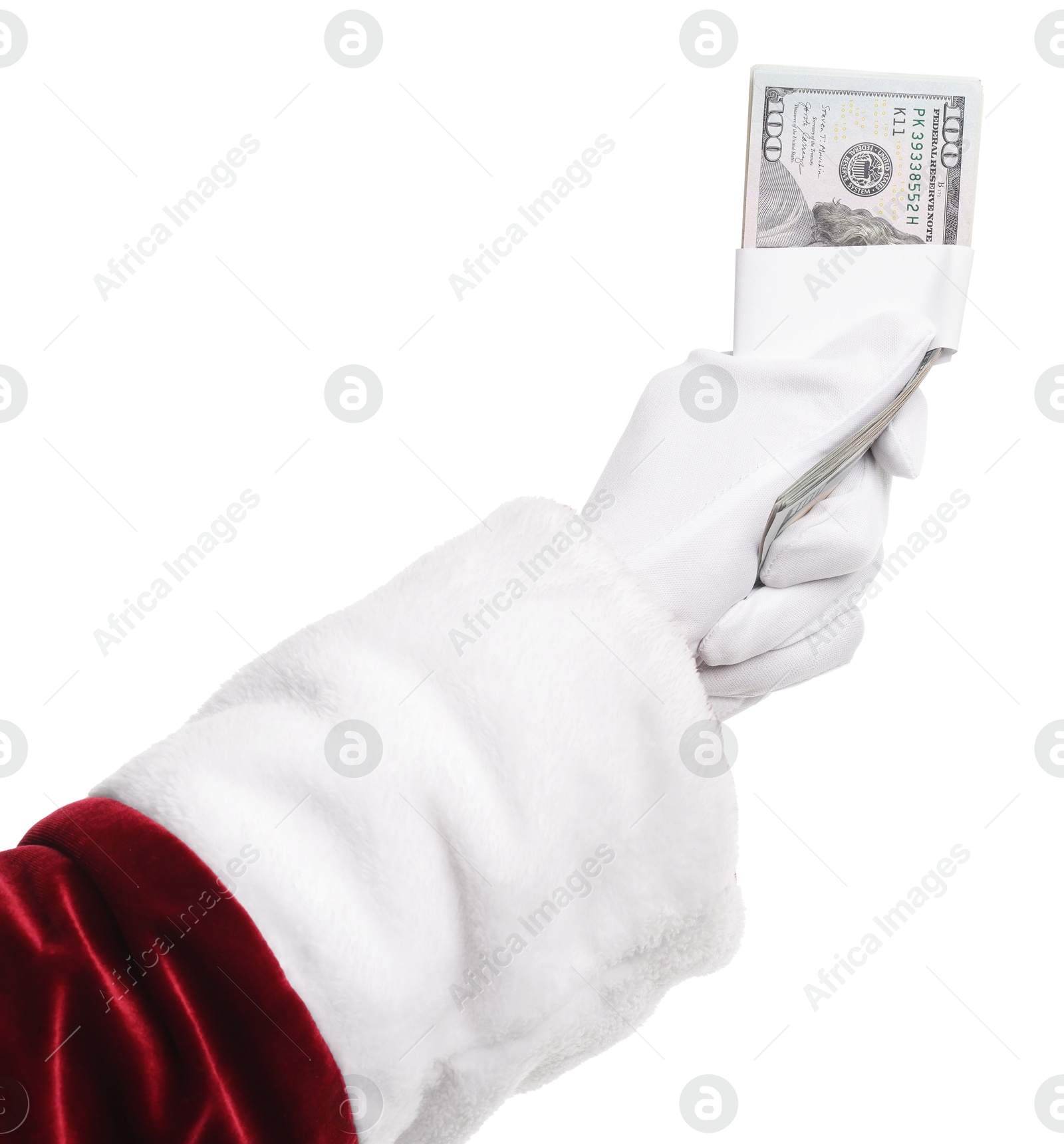 Photo of Santa Claus holding dollar banknotes on white background, closeup