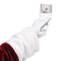 Photo of Santa Claus holding dollar banknotes on white background, closeup