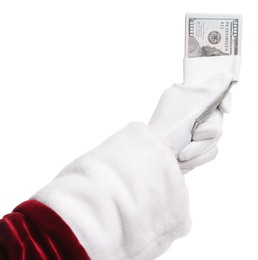 Photo of Santa Claus holding dollar banknotes on white background, closeup