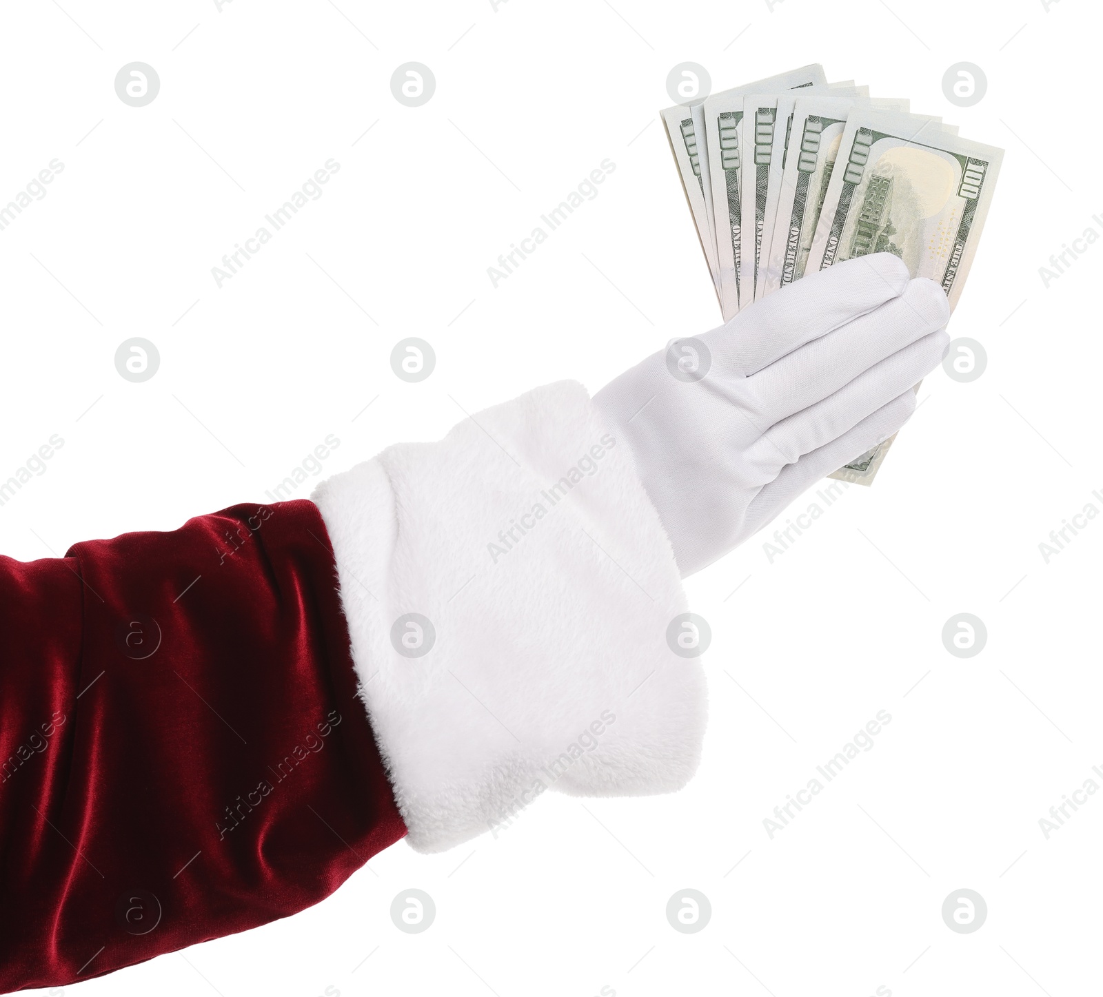 Photo of Santa Claus holding dollar banknotes on white background, closeup