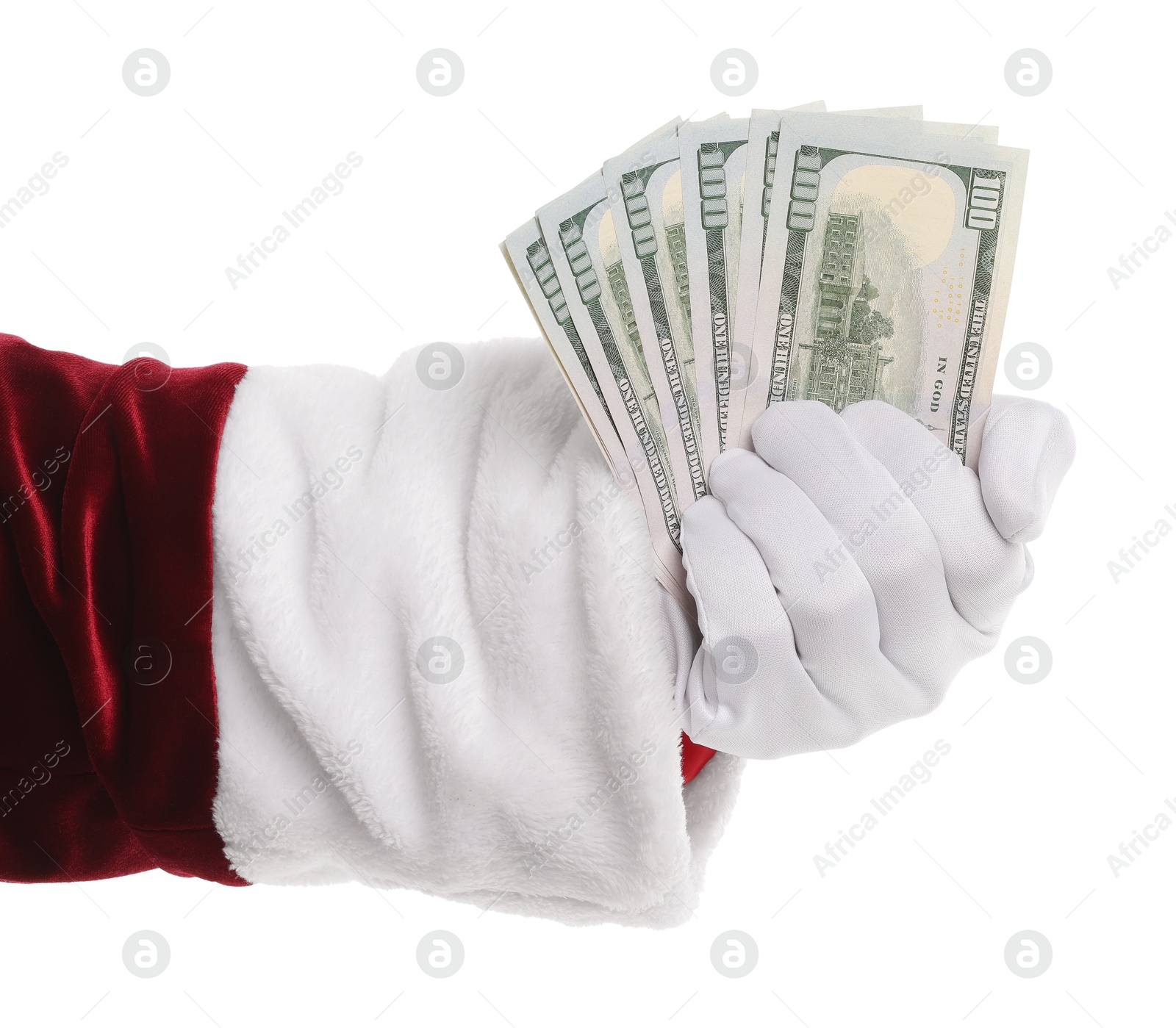 Photo of Santa Claus holding dollar banknotes on white background, closeup