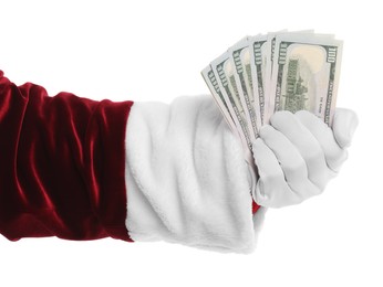 Photo of Santa Claus holding dollar banknotes on white background, closeup