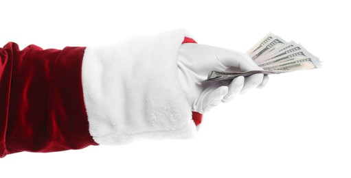 Photo of Santa Claus holding dollar banknotes on white background, closeup