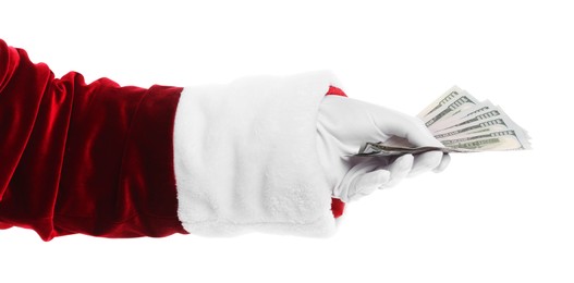 Photo of Santa Claus holding dollar banknotes on white background, closeup