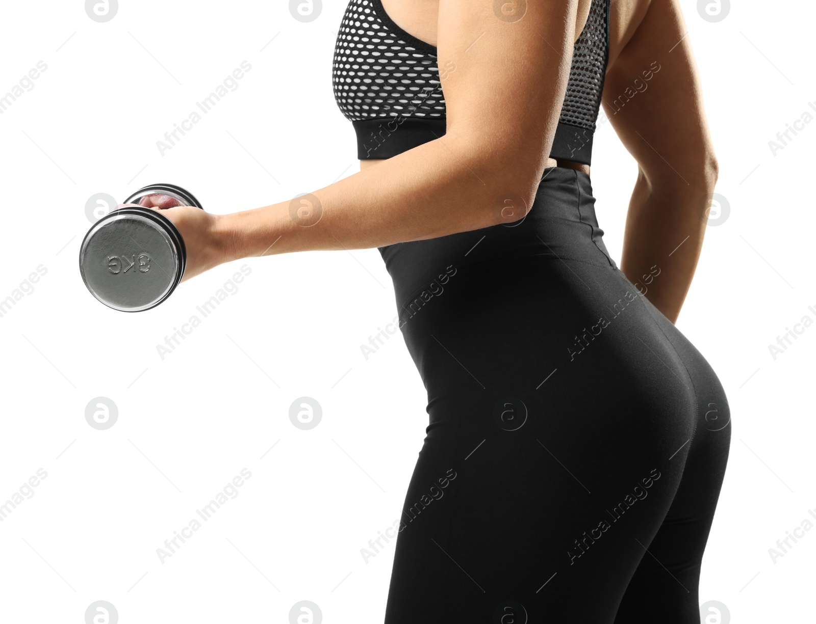 Photo of Woman in sportswear training with dumbbells on white background, closeup