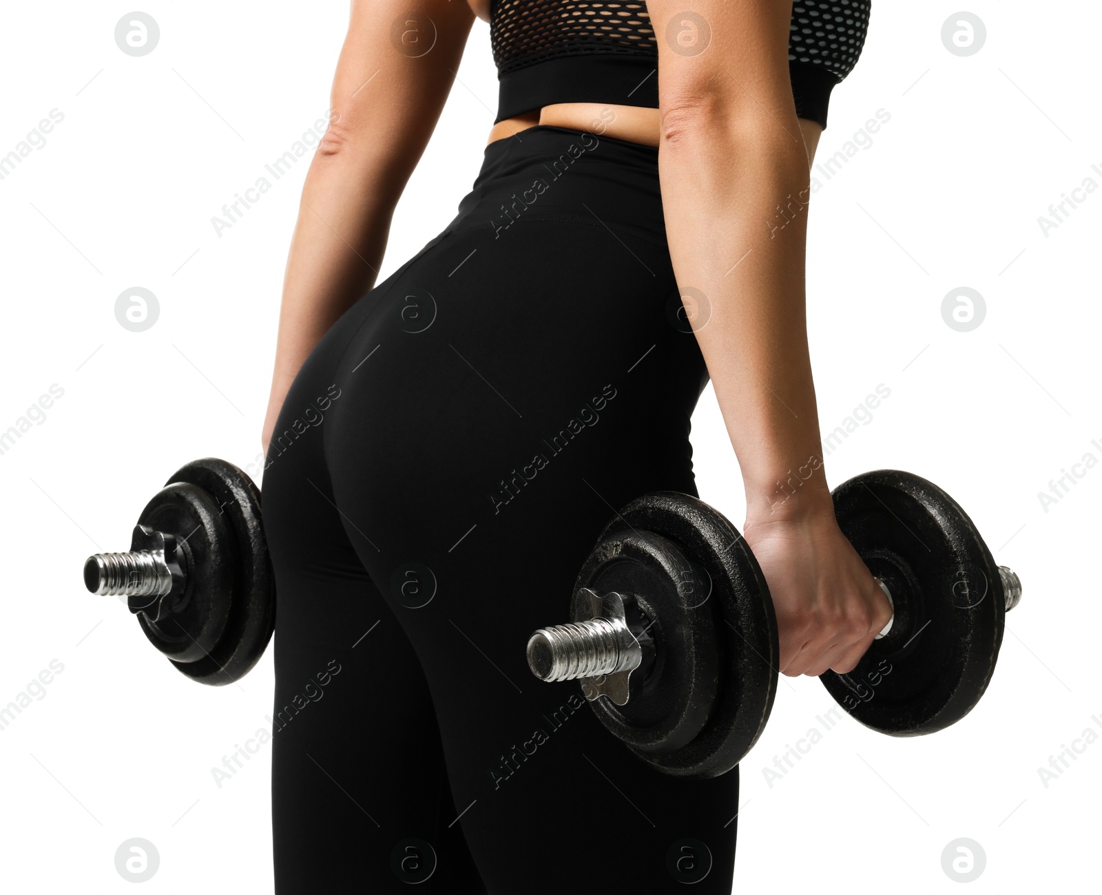 Photo of Woman in sportswear training with barbells on white background, closeup