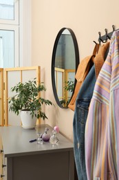 Coat rack with clothes, mirror, houseplant and chest of drawers in hallway. Interior design