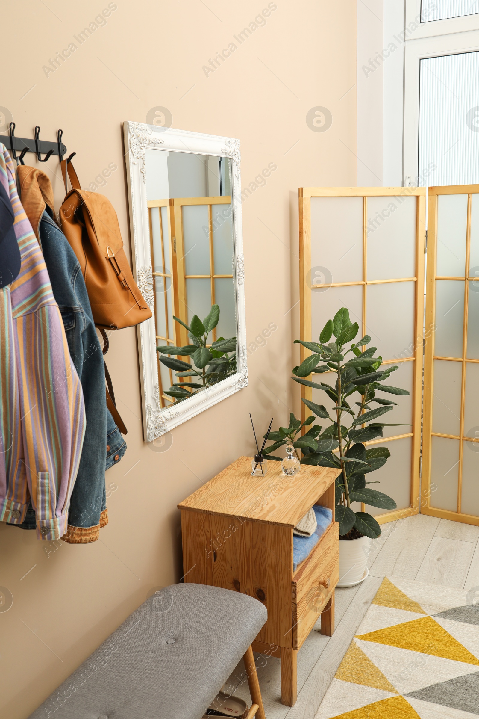 Photo of Coat rack with clothes, mirror, houseplant, shoe storage bench and folding screen in hallway. Interior design