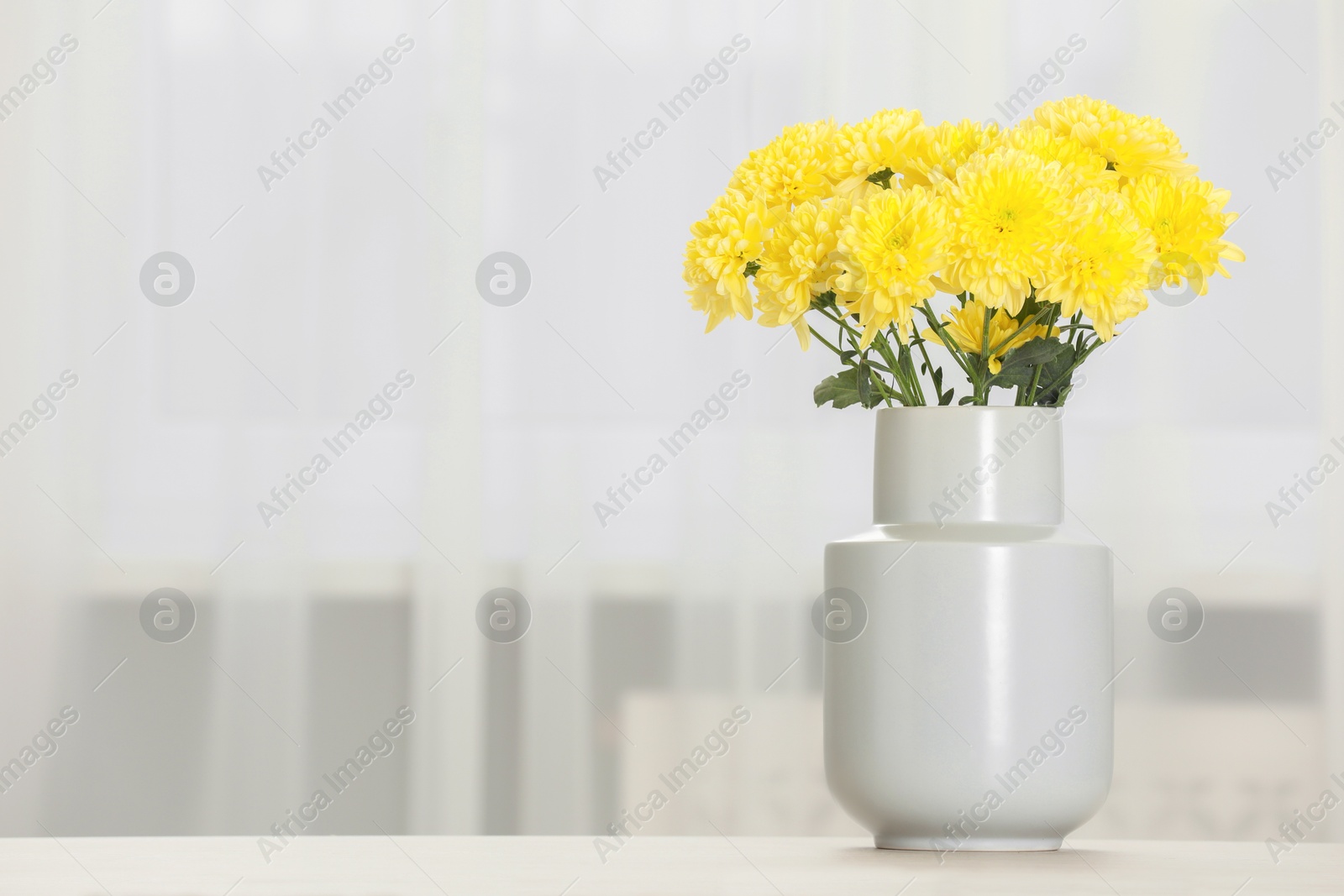 Photo of Beautiful yellow flowers in vase on table at home, space for text