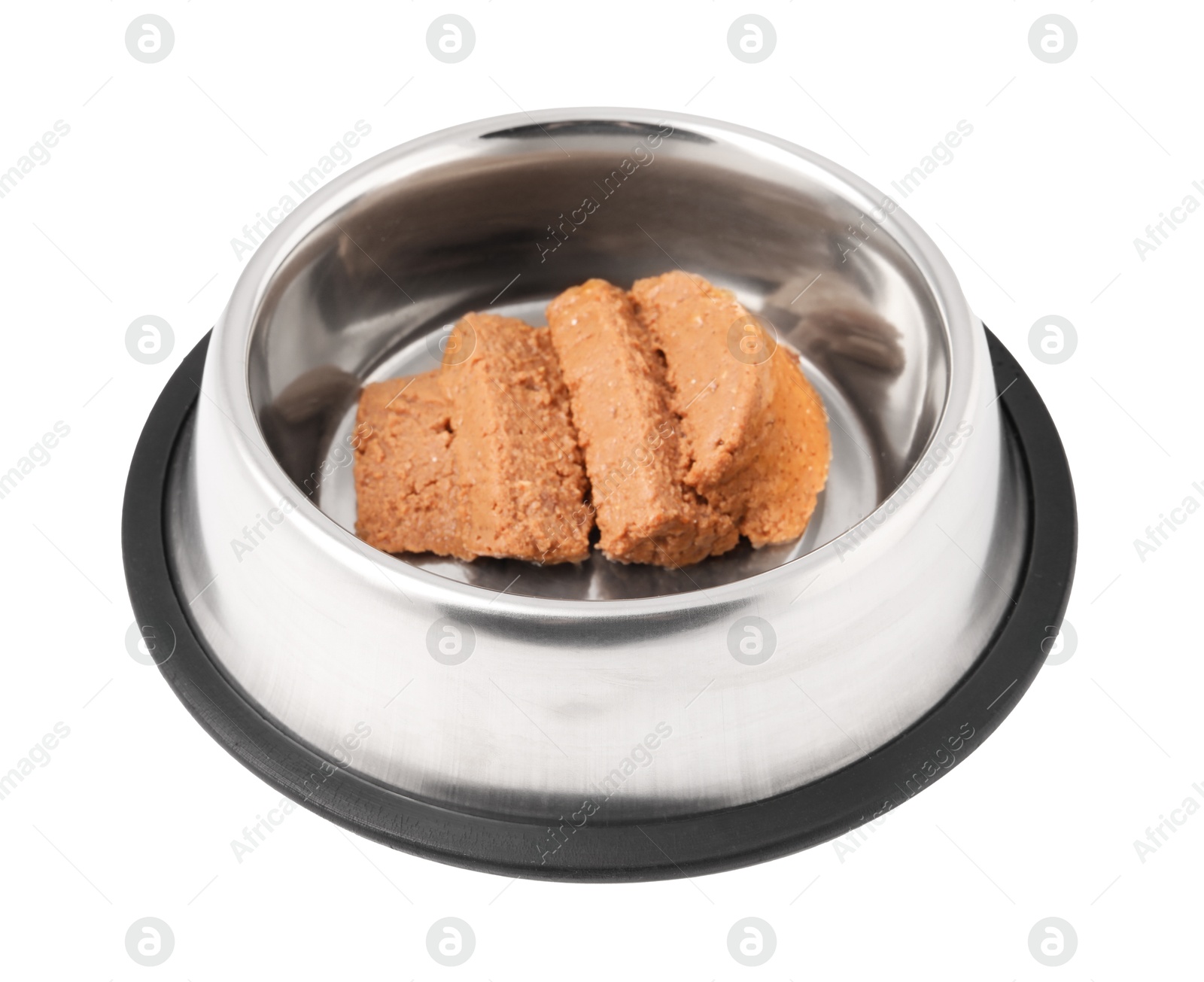 Photo of Wet pet food in feeding bowl isolated on white