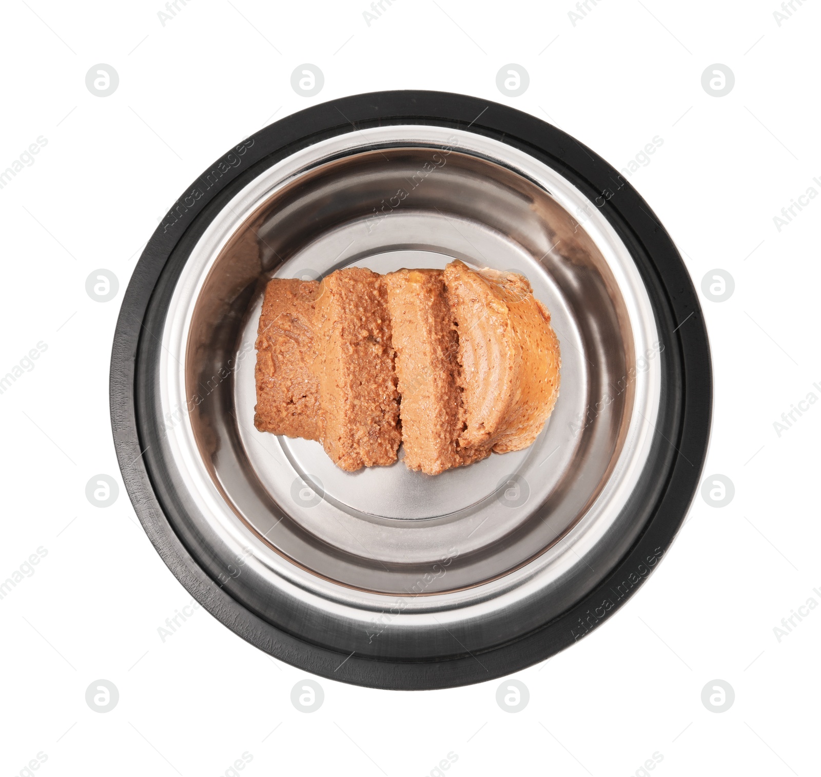 Photo of Wet pet food in feeding bowl isolated on white, top view