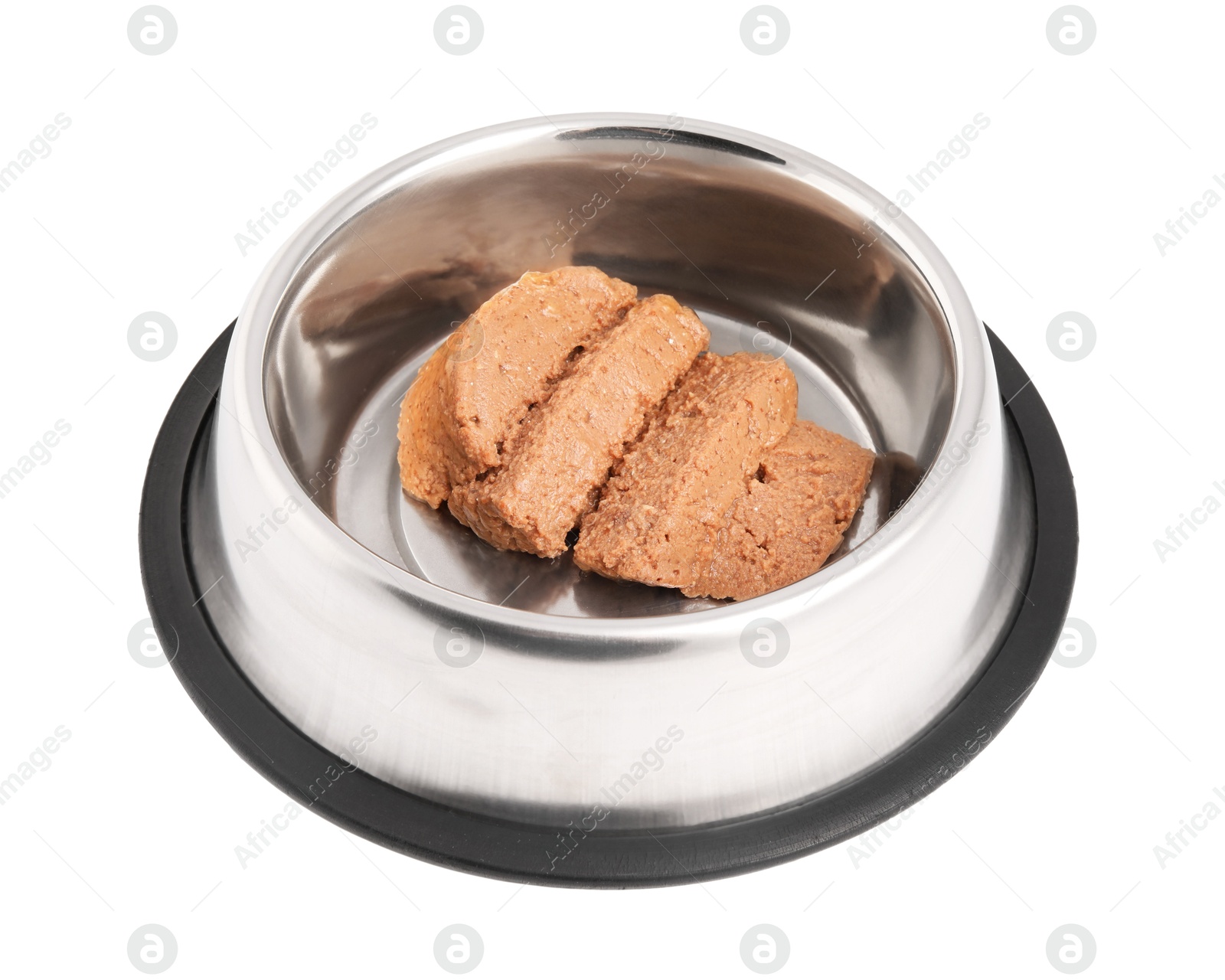 Photo of Wet pet food in feeding bowl isolated on white