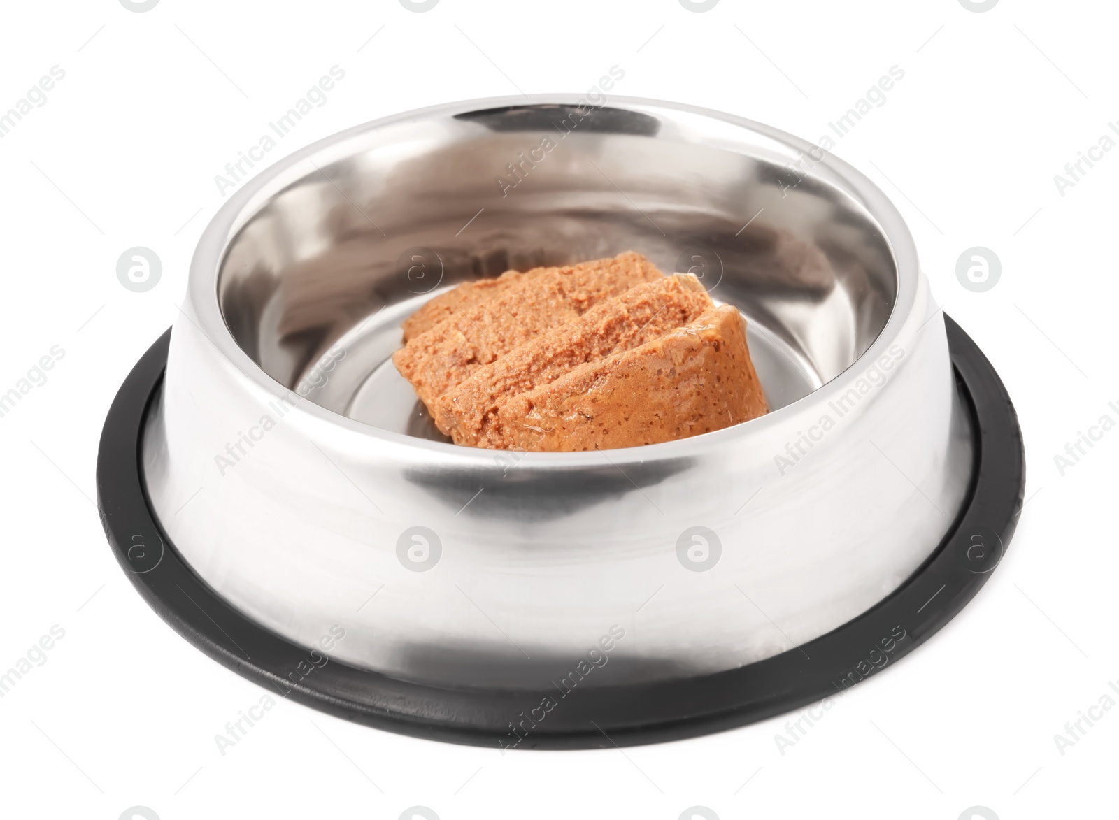 Photo of Wet pet food in feeding bowl isolated on white