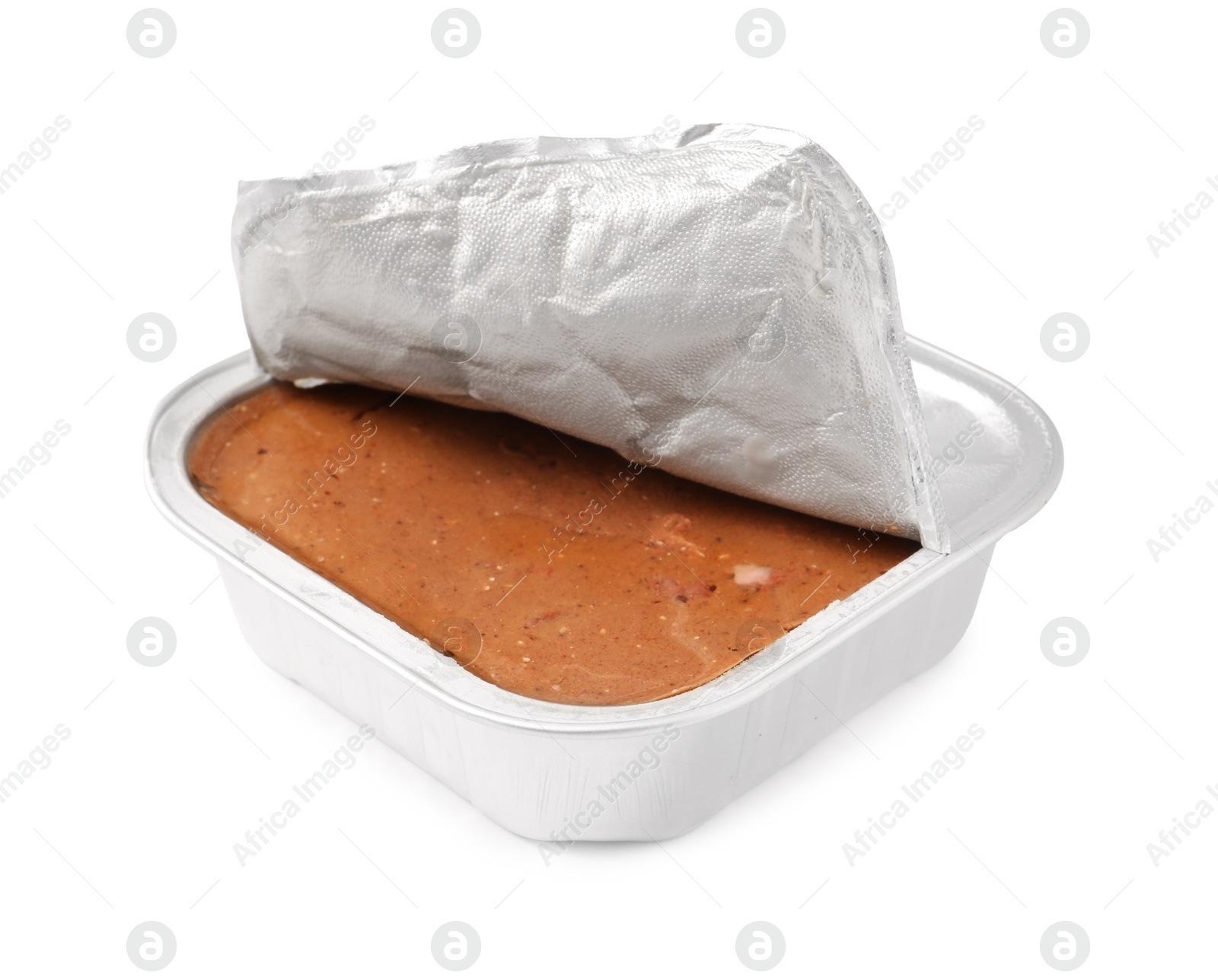 Photo of Wet pet food in foil container isolated on white