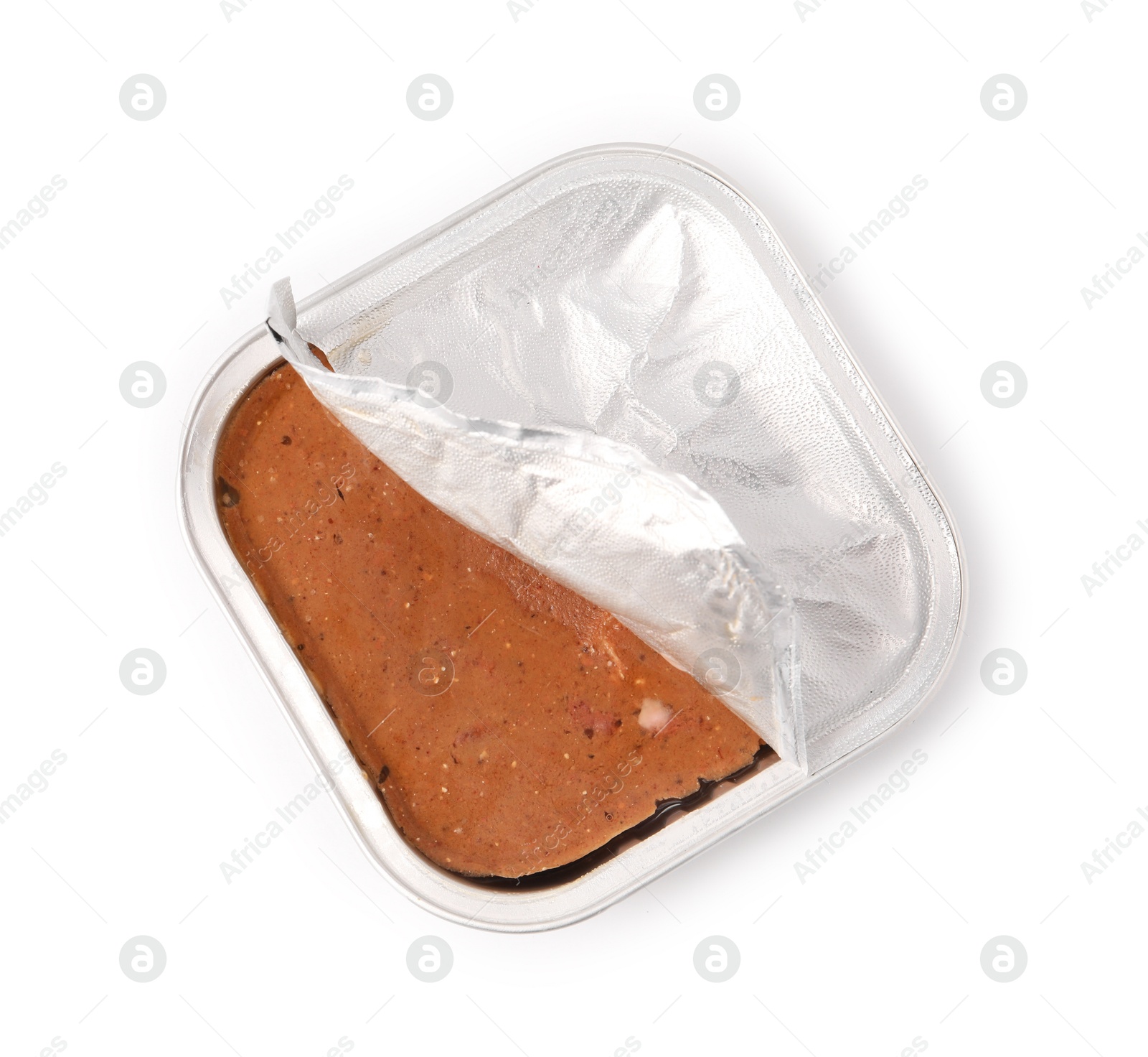 Photo of Wet pet food in foil container isolated on white, top view