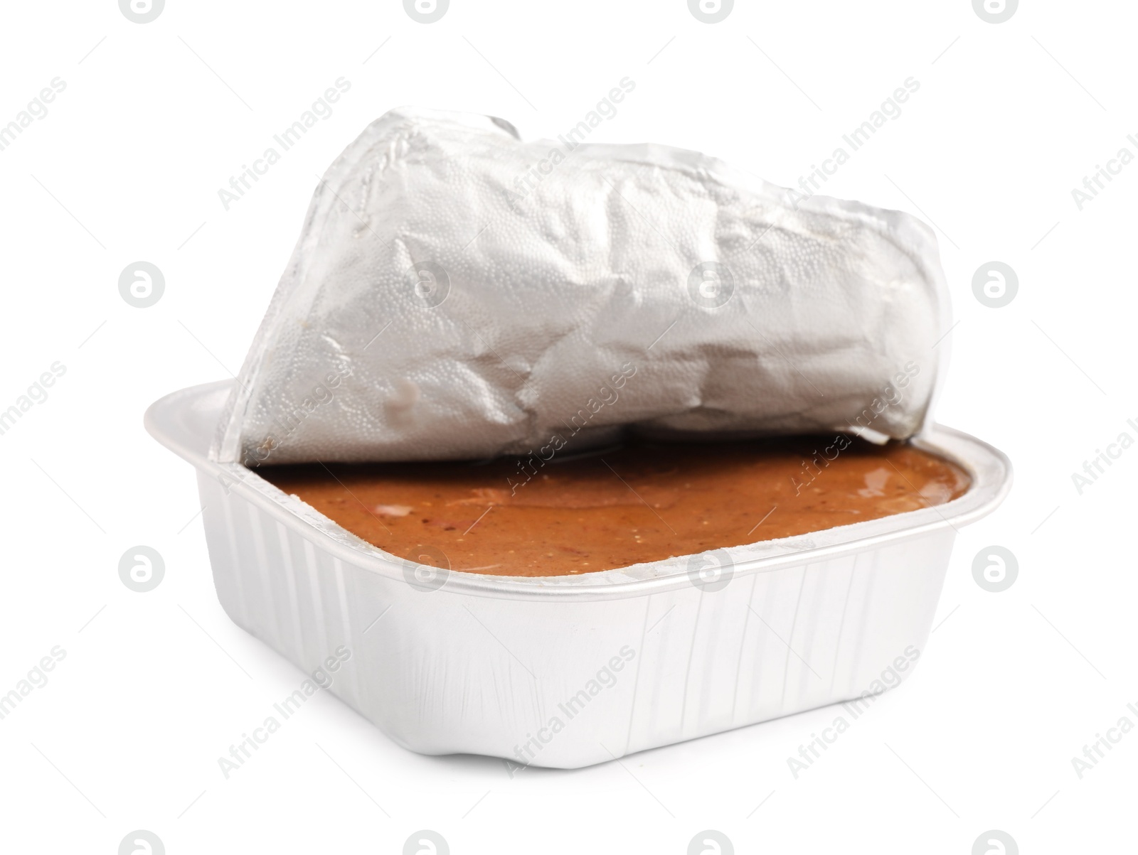 Photo of Wet pet food in foil container isolated on white