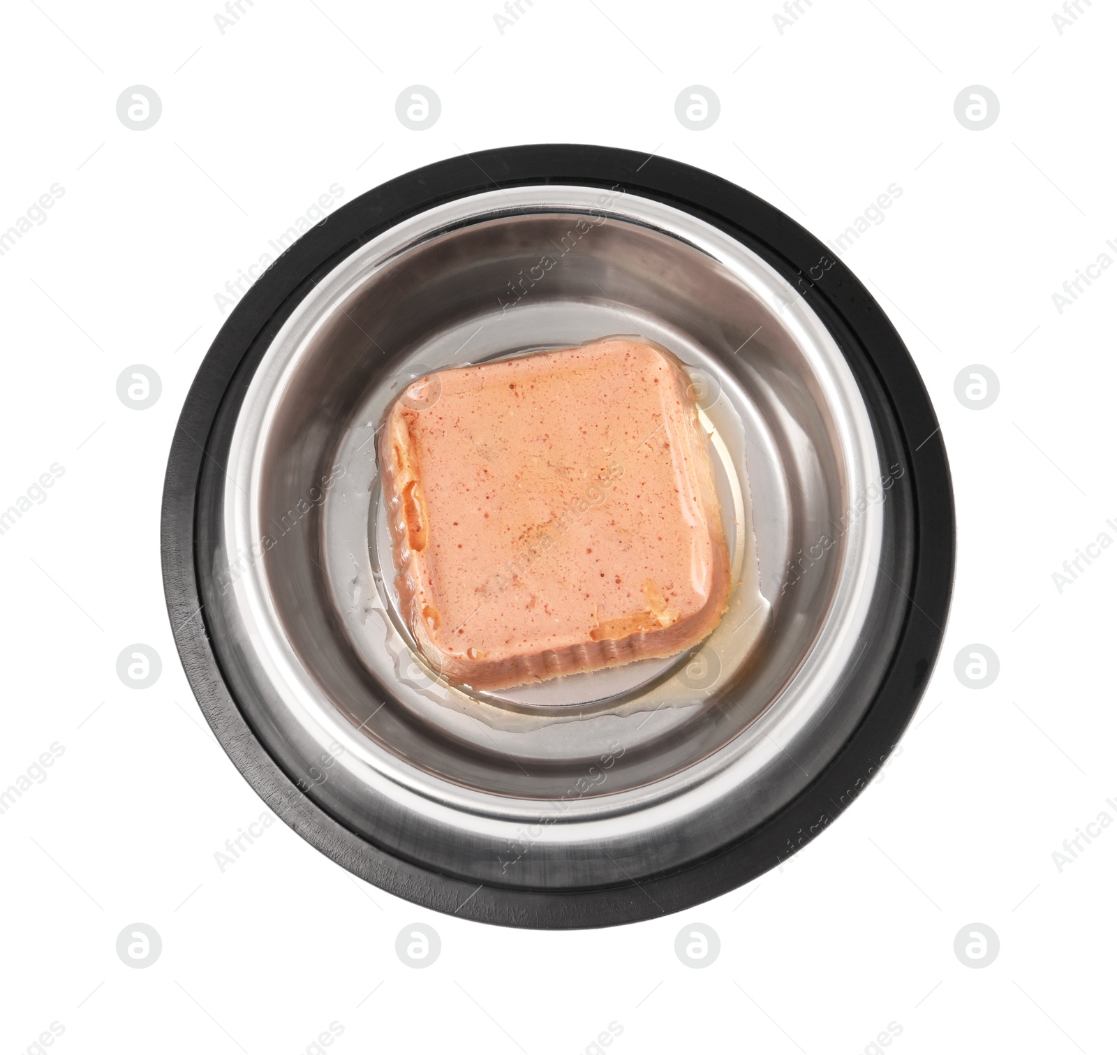 Photo of Wet pet food in feeding bowl isolated on white, top view