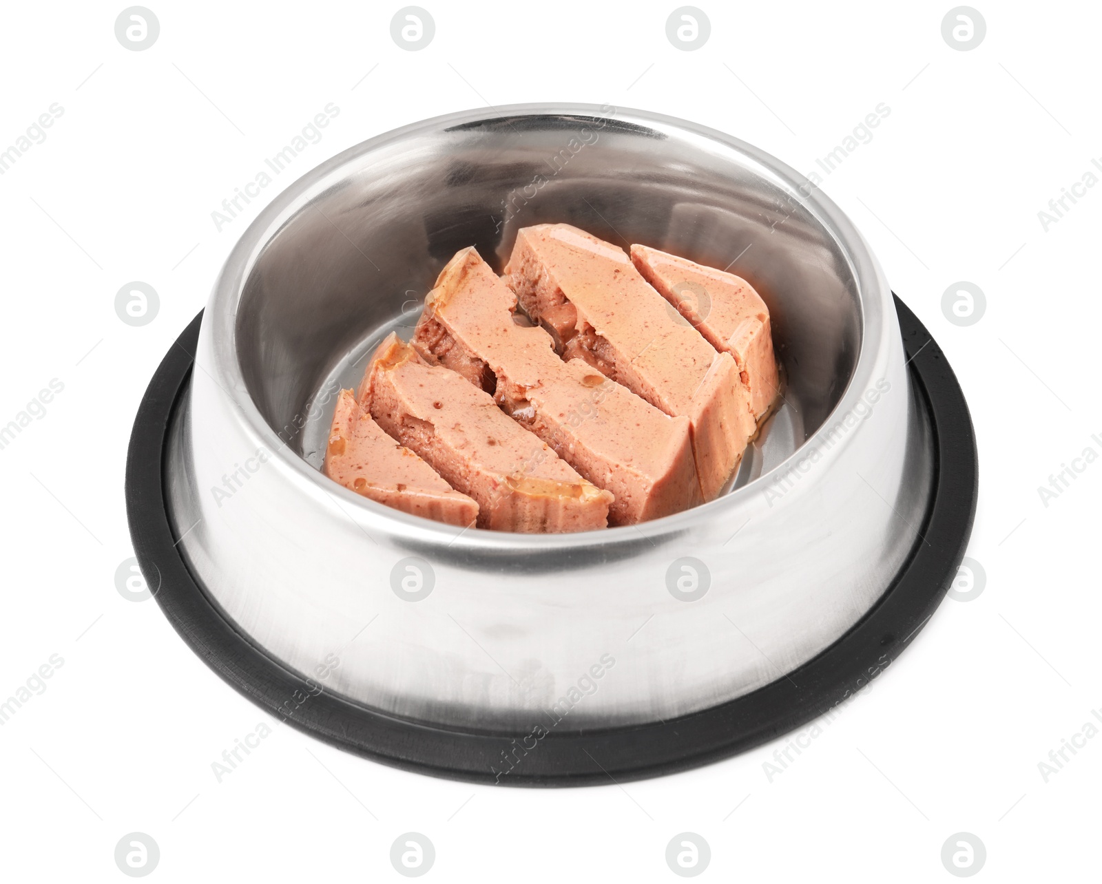 Photo of Wet pet food in feeding bowl isolated on white