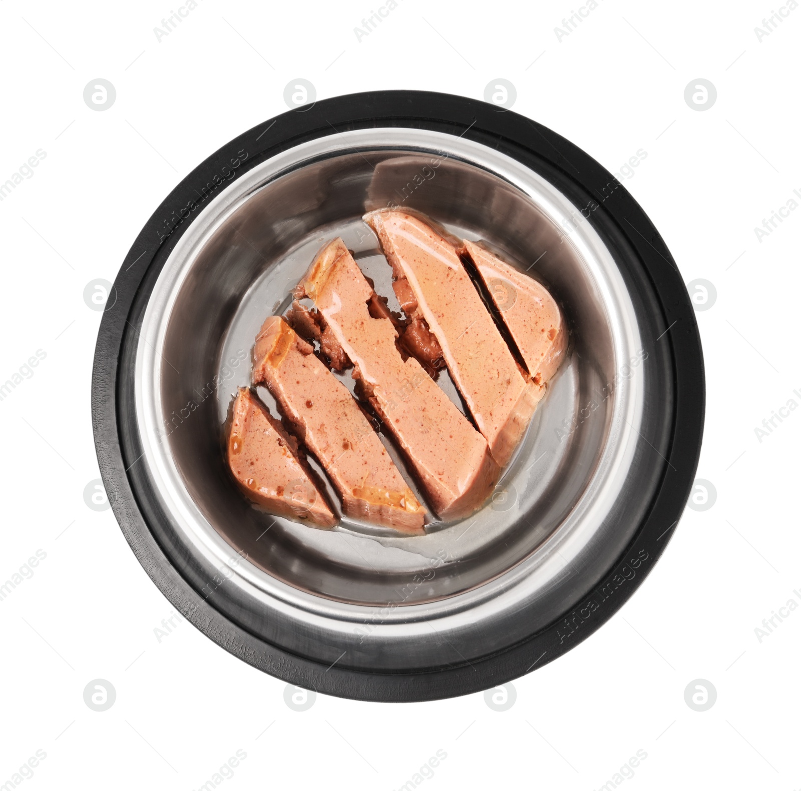 Photo of Wet pet food in feeding bowl isolated on white, top view