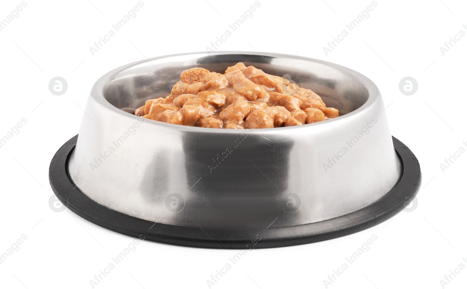 Photo of Wet pet food in feeding bowl on white background