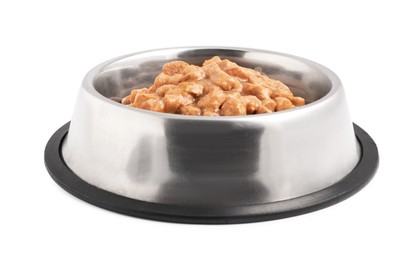 Photo of Wet pet food in feeding bowl on white background