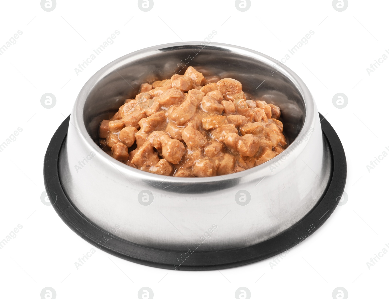 Photo of Wet pet food in feeding bowl isolated on white