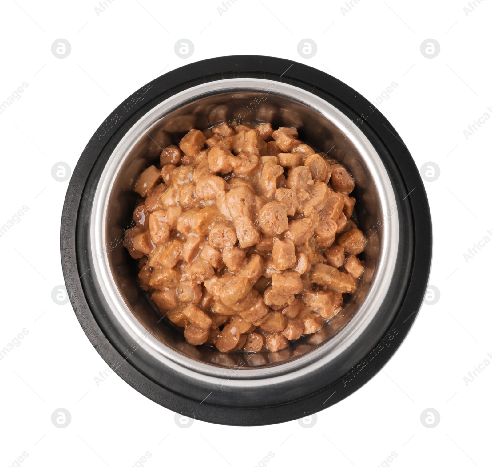 Photo of Wet pet food in feeding bowl isolated on white, top view