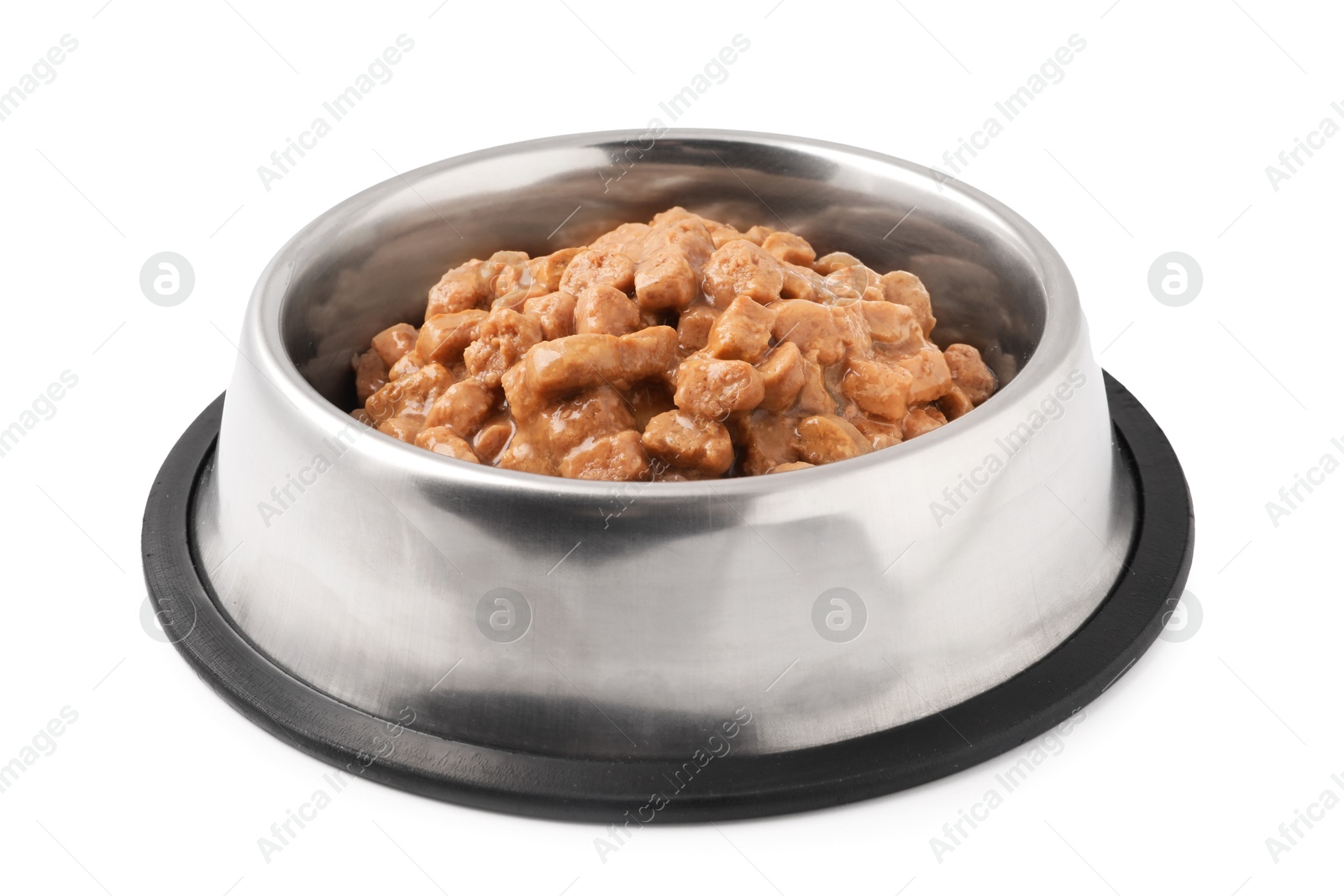 Photo of Wet pet food in feeding bowl isolated on white