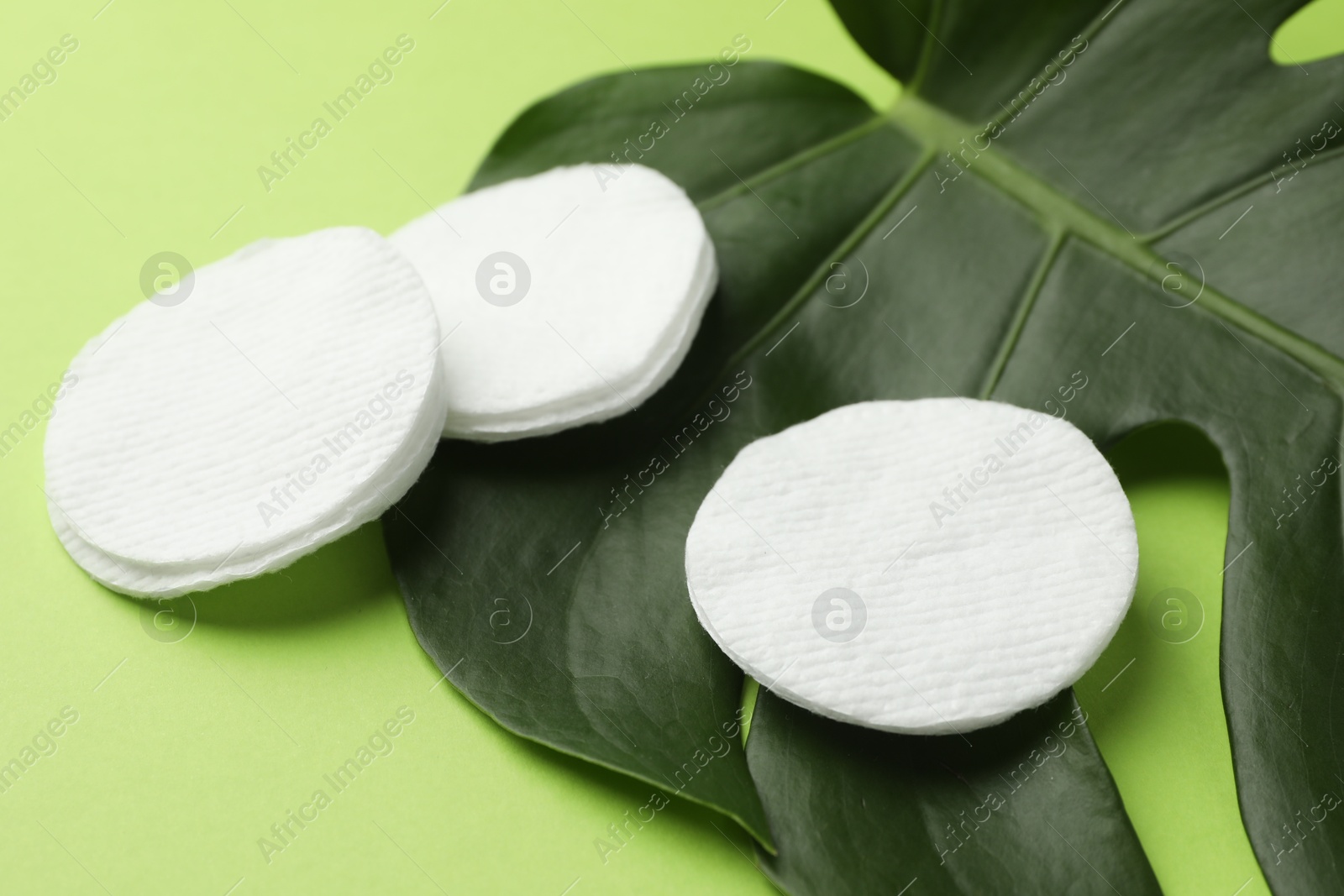 Photo of Cotton pads and monstera leaf on green background, closeup