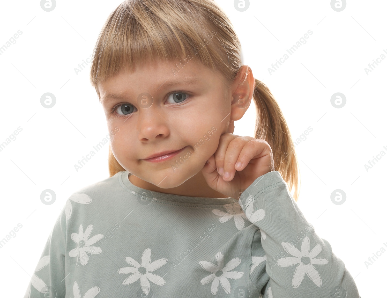 Photo of Little girl showing hand to ear gesture on white background