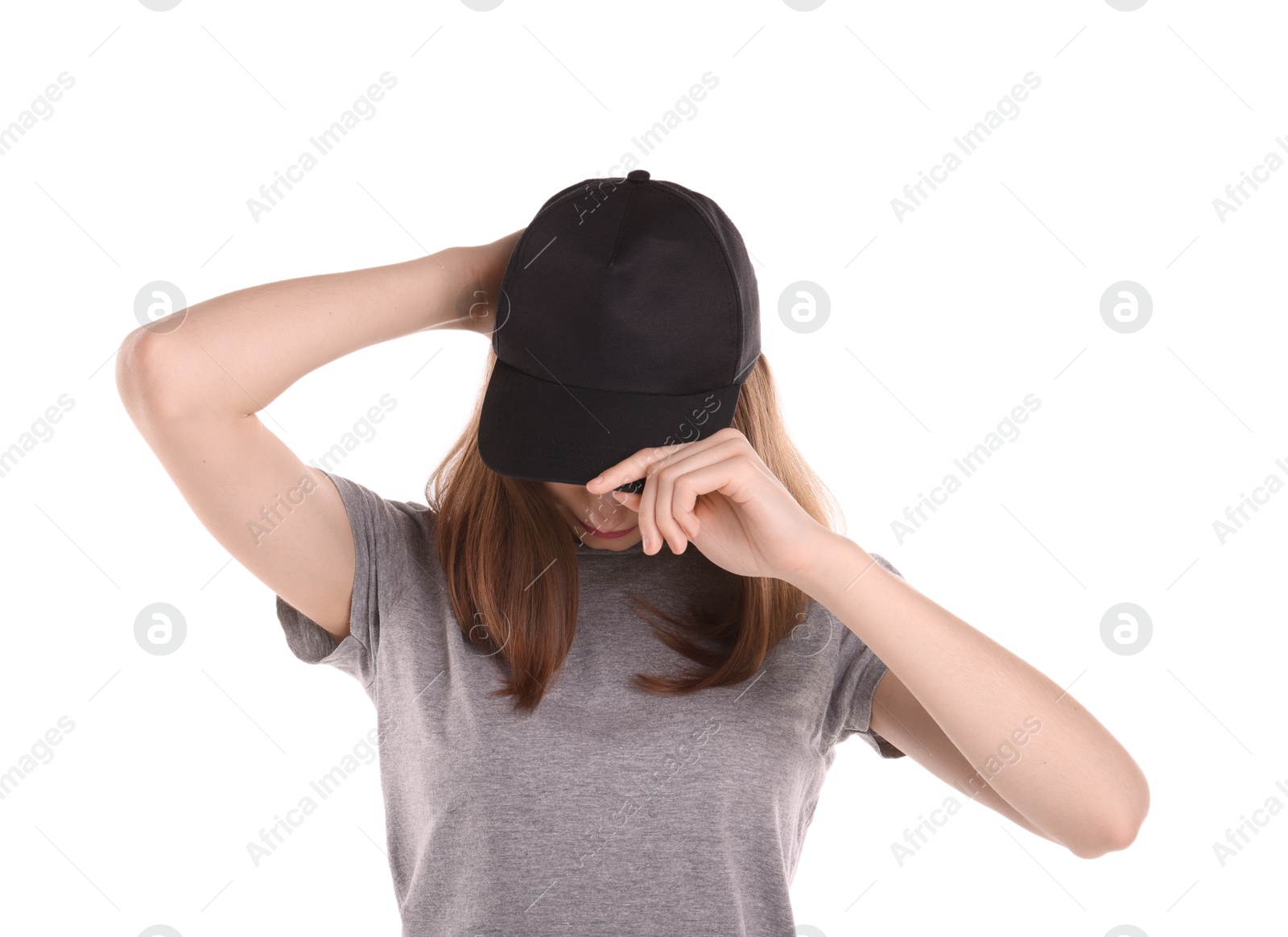 Photo of Woman in stylish baseball cap on white background. Mockup for design