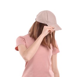 Photo of Woman in stylish baseball cap on white background. Mockup for design