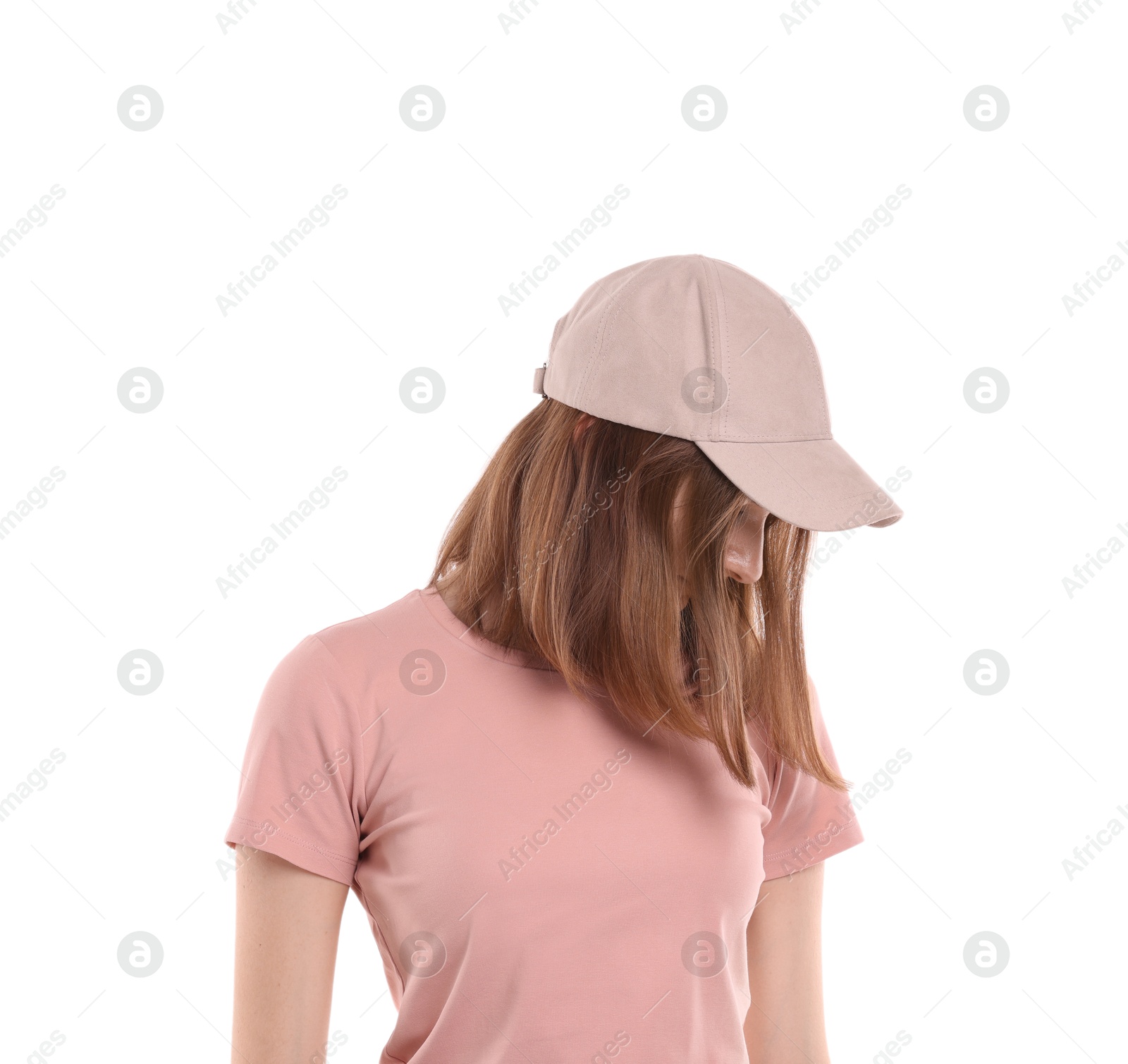 Photo of Woman in stylish baseball cap on white background. Mockup for design