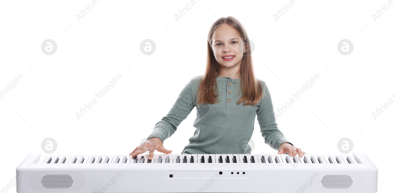 Photo of Cute girl playing synthesizer on white background