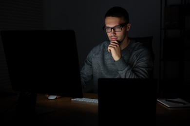 Photo of Programmer working on computer indoors at night