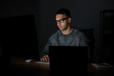 Photo of Programmer working on computer indoors at night