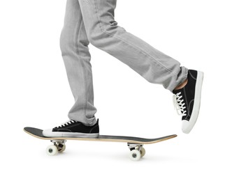 Photo of Man riding skateboard on white background, closeup