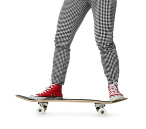 Photo of Woman riding skateboard on white background, closeup