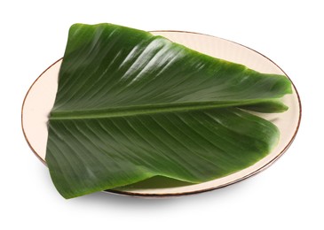 Photo of Plate with cut banana leaf isolated on white. Healthy eco serving