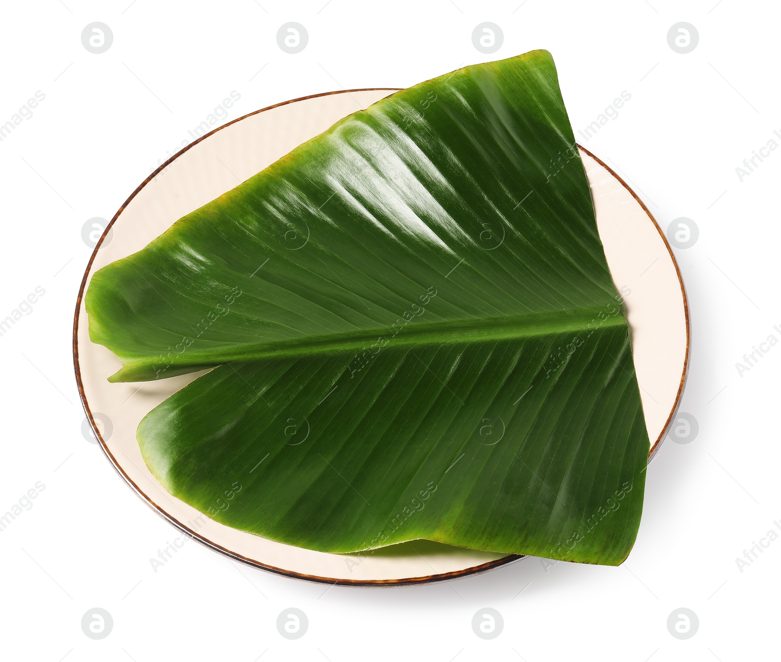 Photo of Plate with cut banana leaf isolated on white, top view. Healthy eco serving