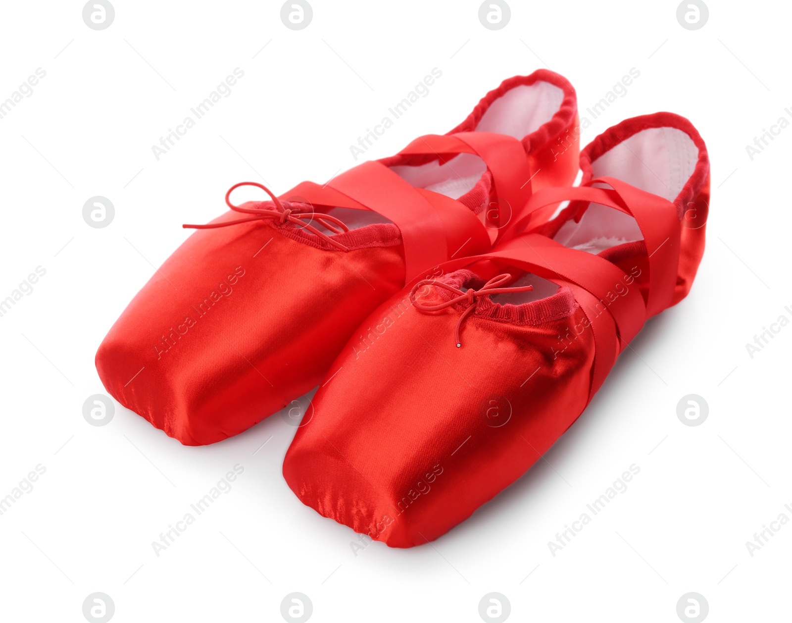 Photo of Pair of beautiful red pointe shoes isolated on white