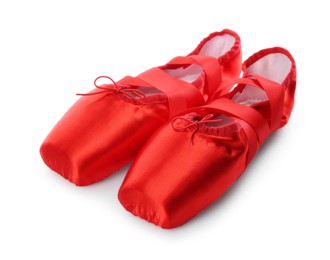 Photo of Pair of beautiful red pointe shoes isolated on white