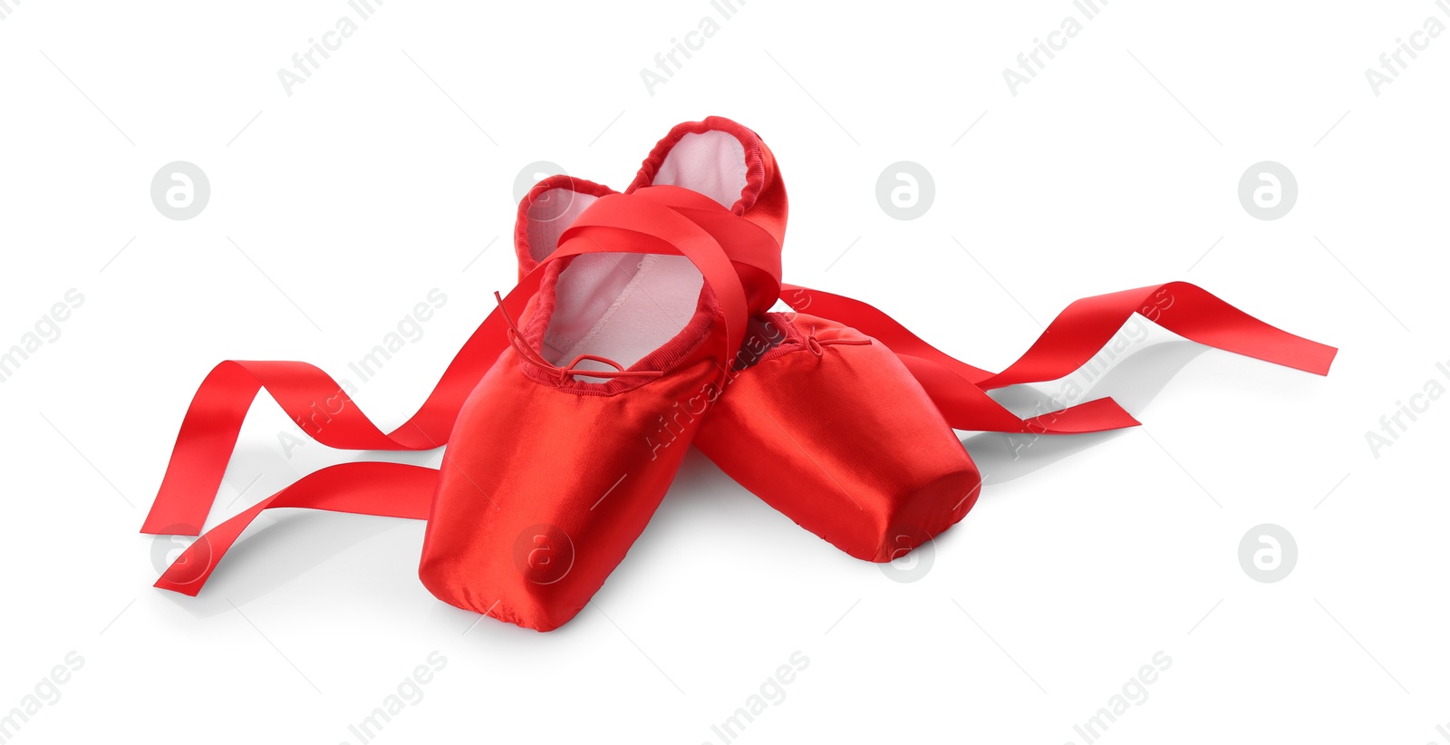 Photo of Pair of beautiful red pointe shoes isolated on white