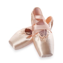 Photo of Pair of beautiful beige pointe shoes isolated on white