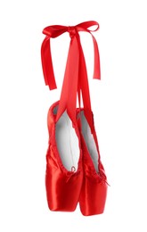 Photo of Pair of beautiful red pointe shoes isolated on white