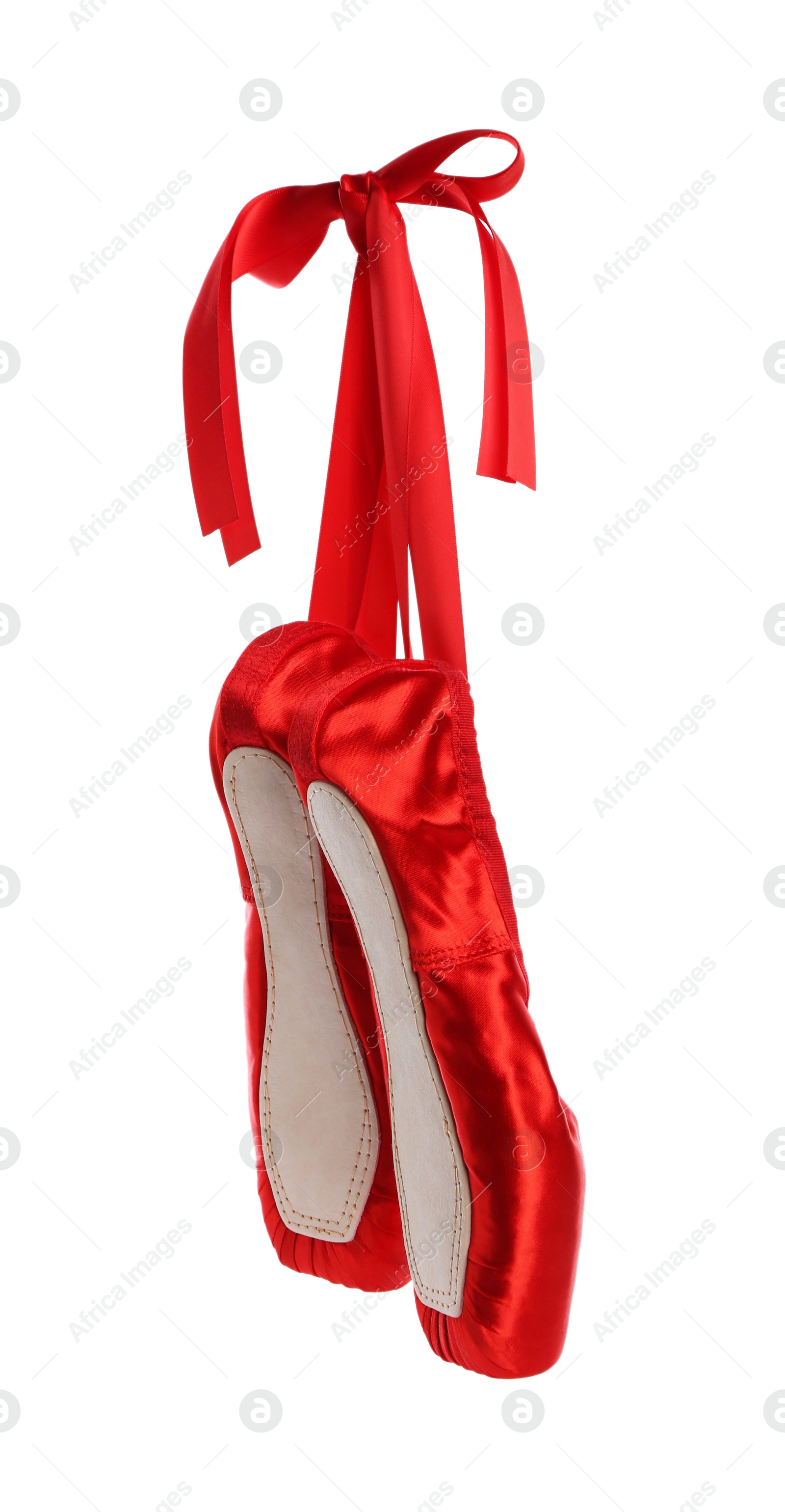 Photo of Pair of beautiful red pointe shoes isolated on white