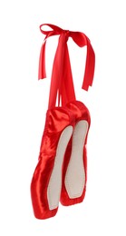 Photo of Pair of beautiful red pointe shoes isolated on white