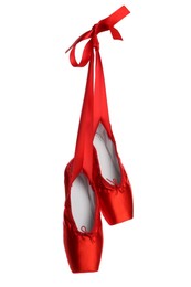 Photo of Pair of beautiful red pointe shoes isolated on white