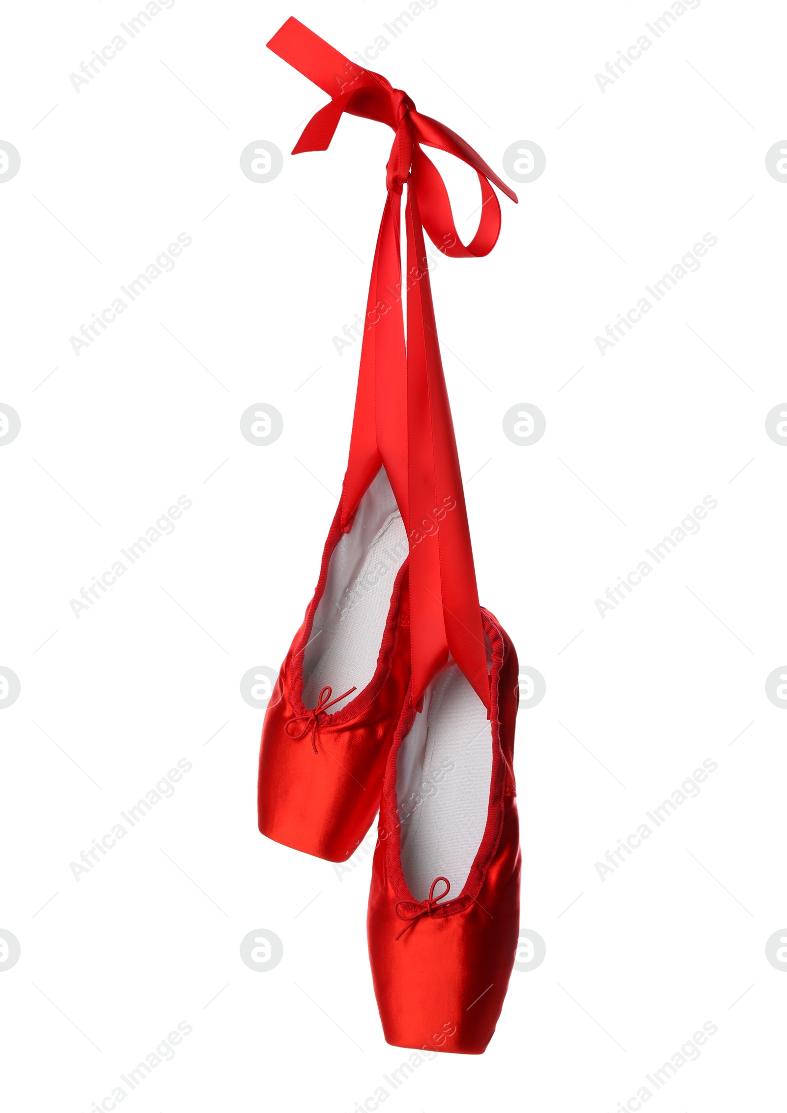 Photo of Pair of beautiful red pointe shoes isolated on white